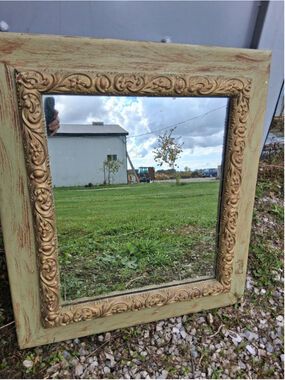 Large antique wooden mirror carved gold green